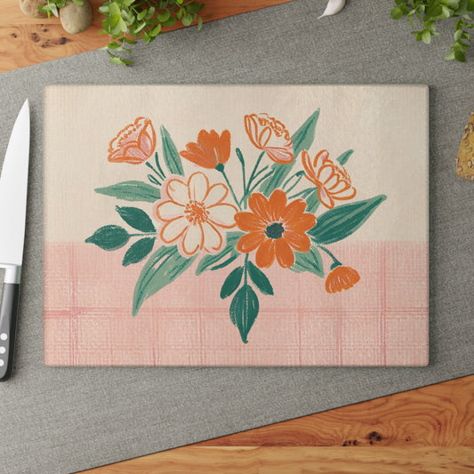 Tempered Glass Cutting Board with Floral motif set against a checkered backdrop