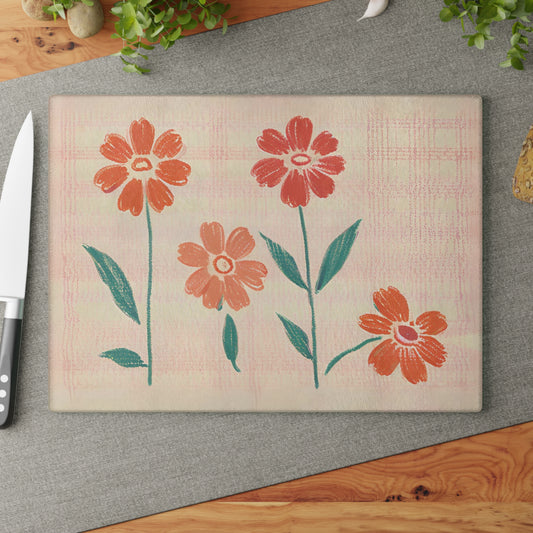 Tempered glass cutting board with plaid flowers design. Also serves as serving/decorative tray, a cheese/charcuterie board a Trivet, a crafting surface and a food photography prop.