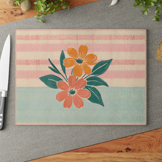 Tempered Glass Cutting / Charcuterie Board w Floral & Plaid Pattern