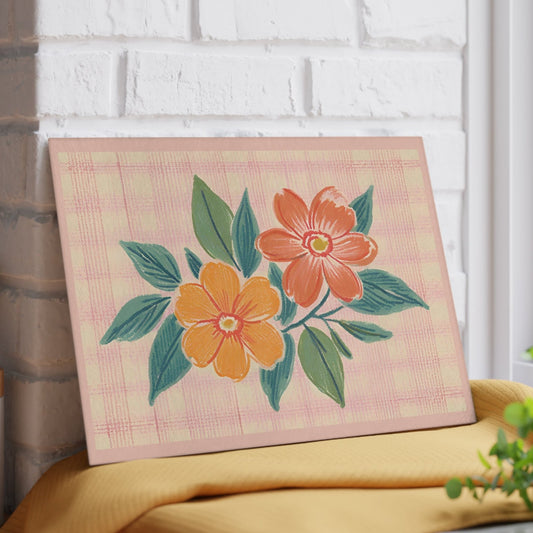 Tempered Glass Board for cutting, serving, and decorating. It features a floral theme set against a plaid pastel backdrop.
