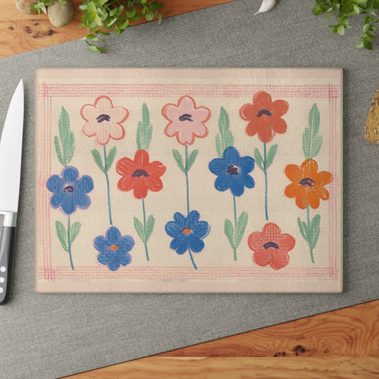 Tempered Glass Cutting Board with plaid flowers pattern. It also serves as a charcuterie, or cheese board, a serving or decorative tray, a trivet, a backsplash, and more. 