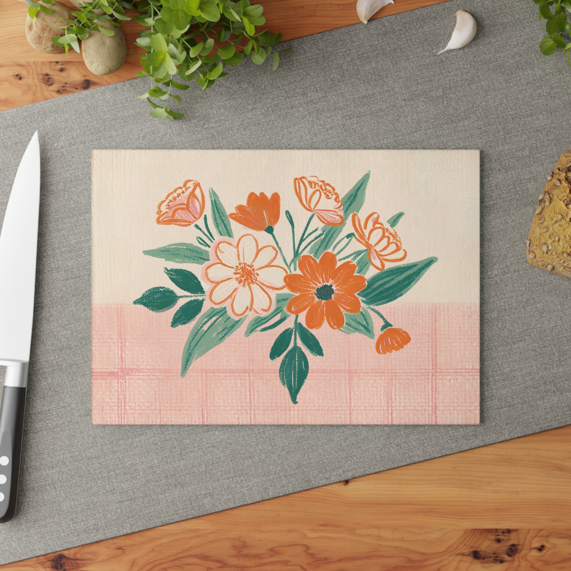 Tempered Glass Cutting Board with Floral motif set against a checkered backdrop
