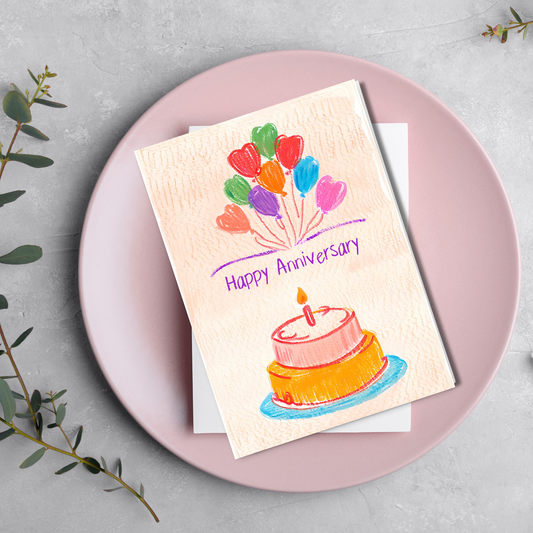 Romantic Happy Anniversary Card with Whimsical Cake and Hearts Design