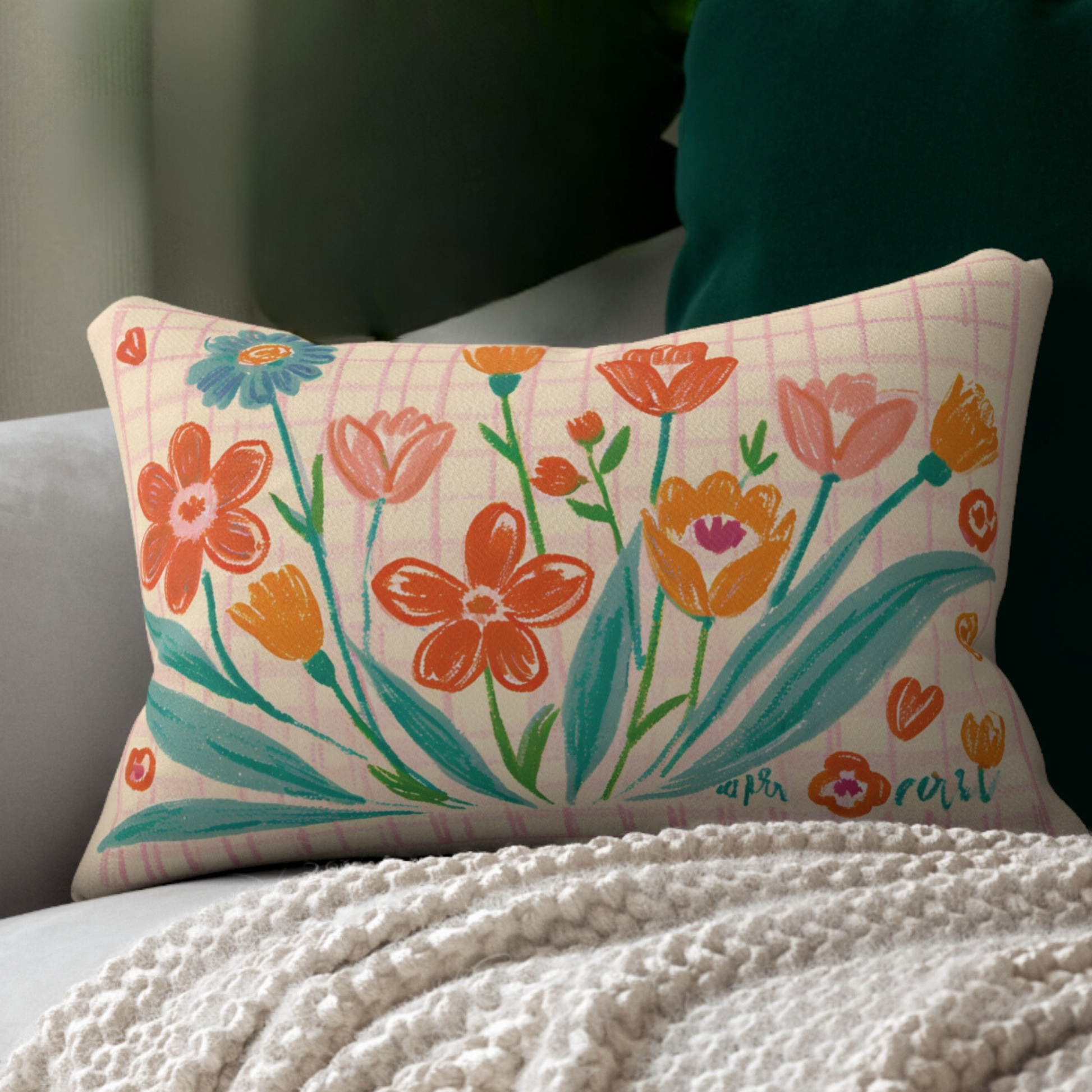 Champagne color Lumbar  throw pillow with a vibrant Checkered and  floral print. Size: 20"x14" 