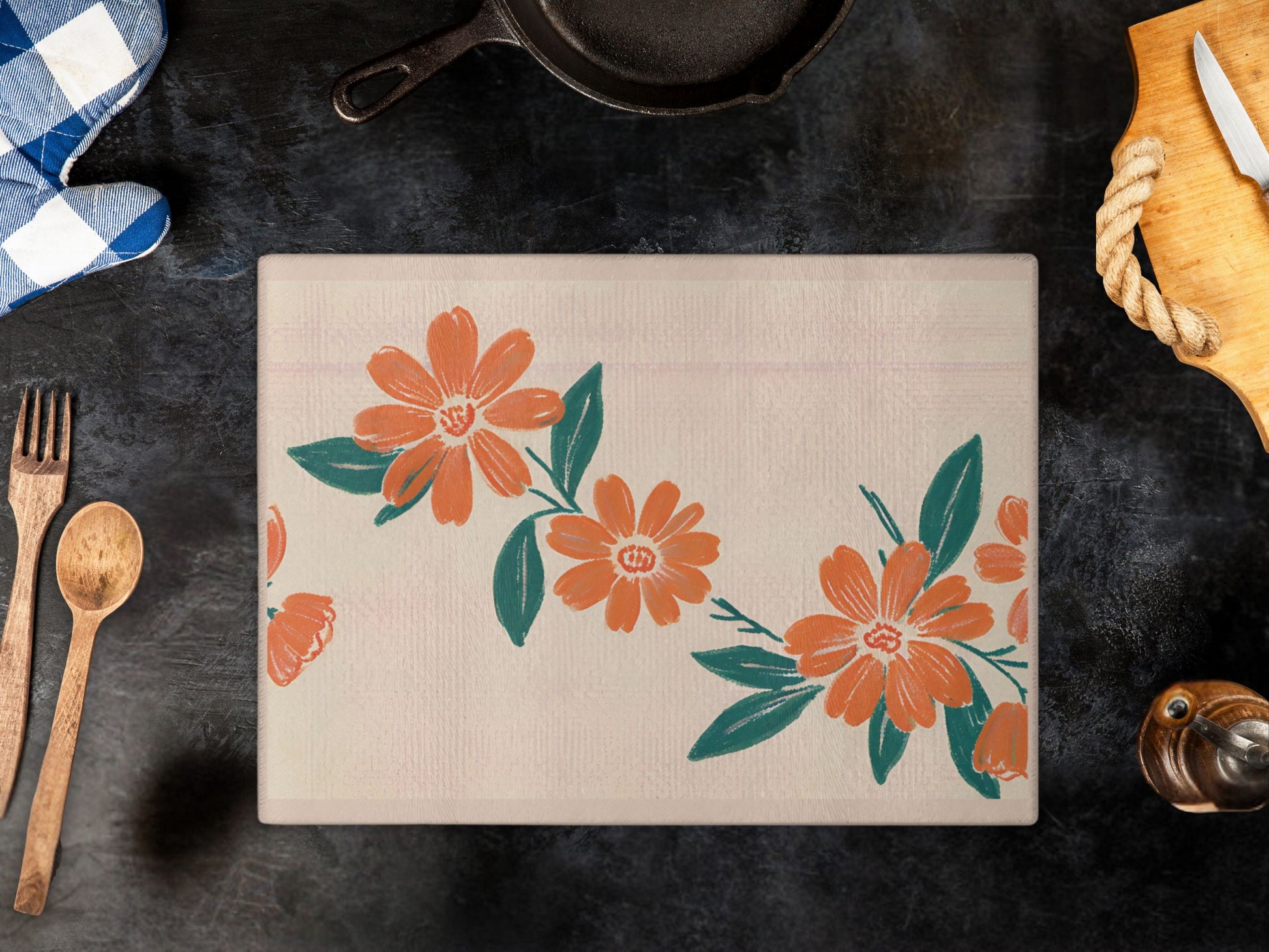 Tempered Glass Serving/Cutting Board with Floral design. Also Serves as a Cheese, Charcuterie Board, or a Decorative Tray/Tile. 