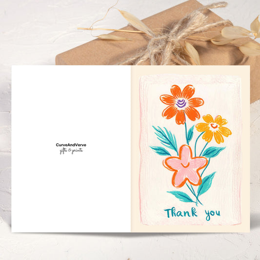 Colored pencil thank you card features a minimalist floral design in Orange, Cherry Blossom, Baby Pink, Apricot and Cyan hues against a serene very light pink backdrop. Thank you phrase is underneath. Personalized greeting available upon request.