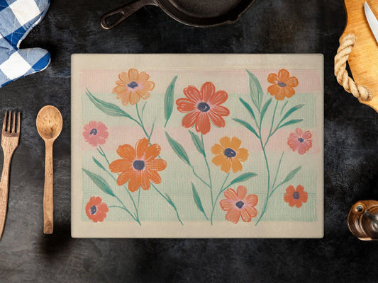 Tempered Glass Serving/Cutting Board featuring a plaid Flowers Design. It also functions as a decorated tile, a backsplash and a decorative tray.