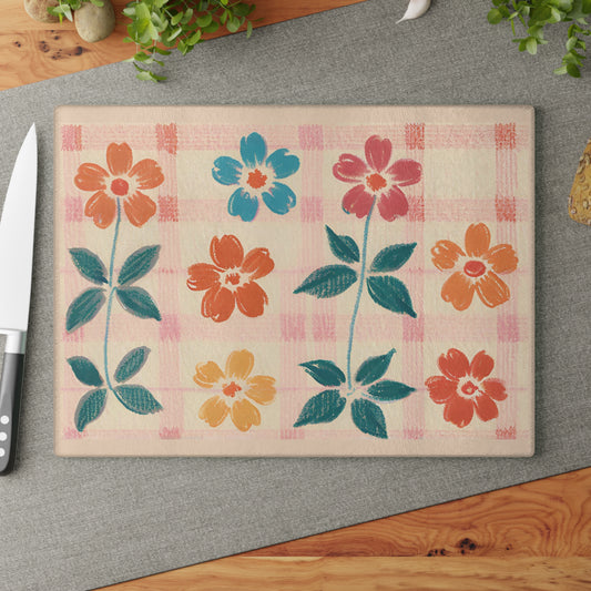 Tempered Glass Cutting Board with a Plaid Flowers Pattern. Also serves as a serving platter, a decorative tray, a table cover, a laptop holder, and more.