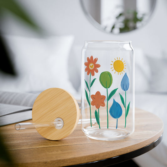 16oz Sipper Glass with Bamboo cover and plastic Tritan straw featuring a whimsical floral and sunshine print