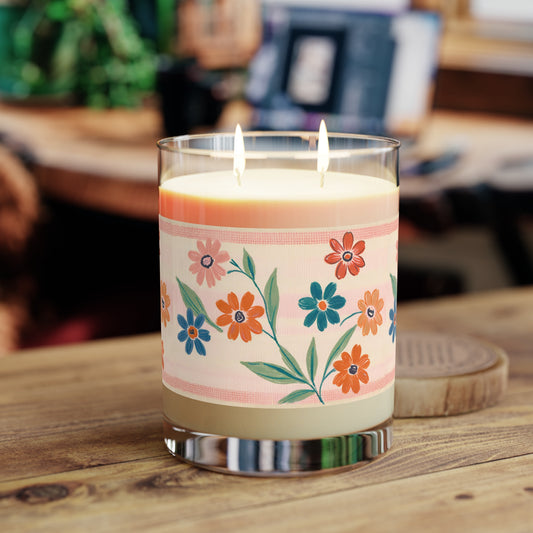 11 oz, glass jar, 100% Vegan Soy Wax Candle with two cotton wicks and a color pencil, plaid flowers print in Green, orange, grey-blue and pink hues set on a peach backdrop. 