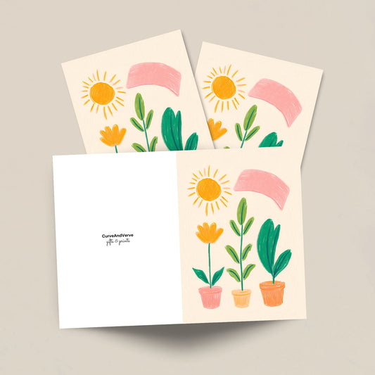 Whimsical, colored pencil folded, All-Occasions Greeting Cards. It playfully blends natural elements such as sunshine, delicate pots of plants and  flower in vibrant, yet soothing hues. Designed to convey warmth and joy.
